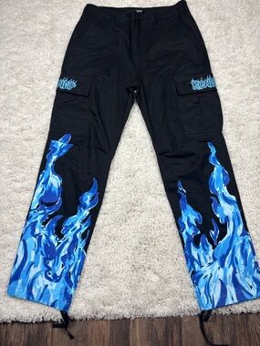 RIPNDIP Blue Flame Cargo Pants Black Graphic Streetwear Size 34 Cotton